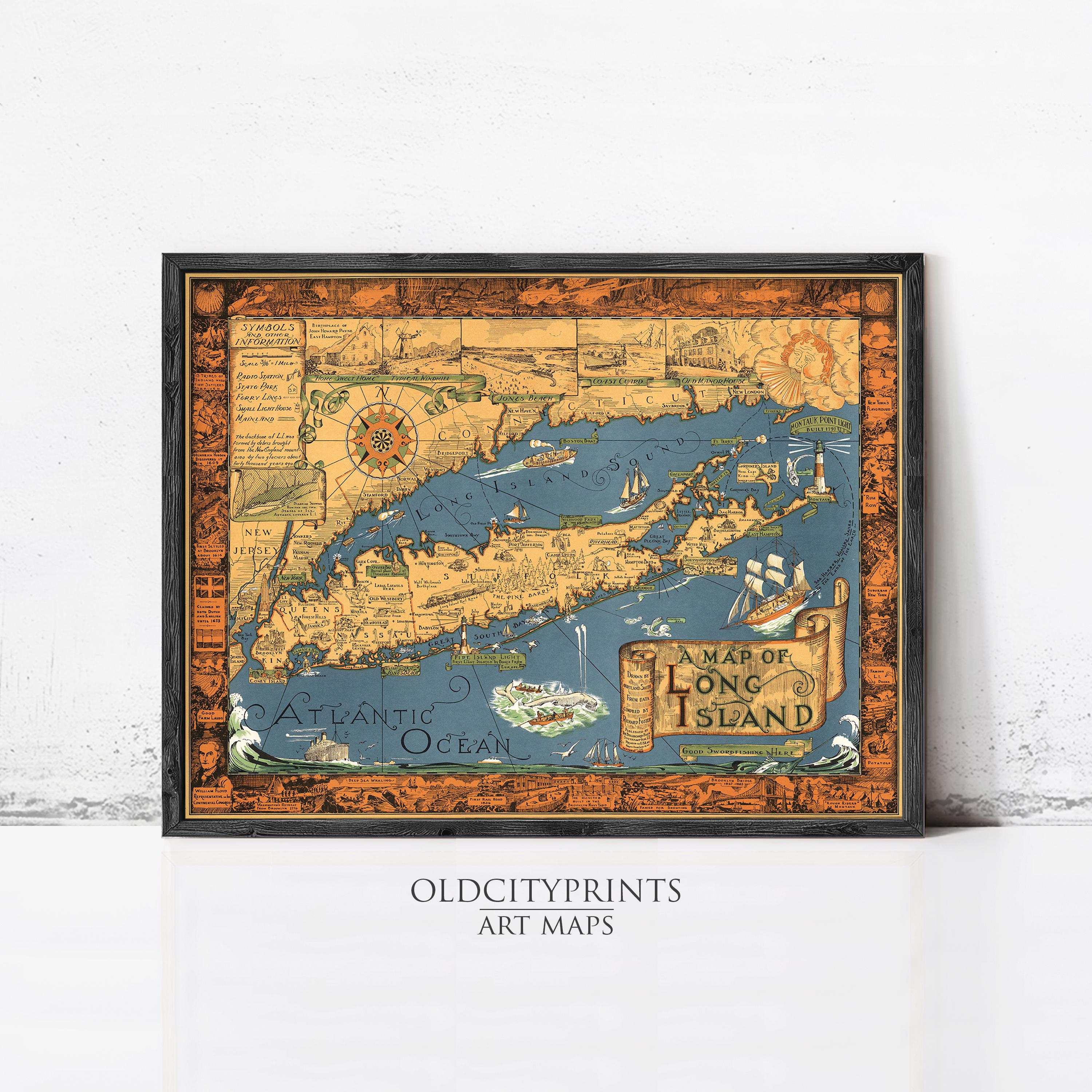 The image is a framed vintage map of the Long Island region, depicting various landmarks and geographical features.
