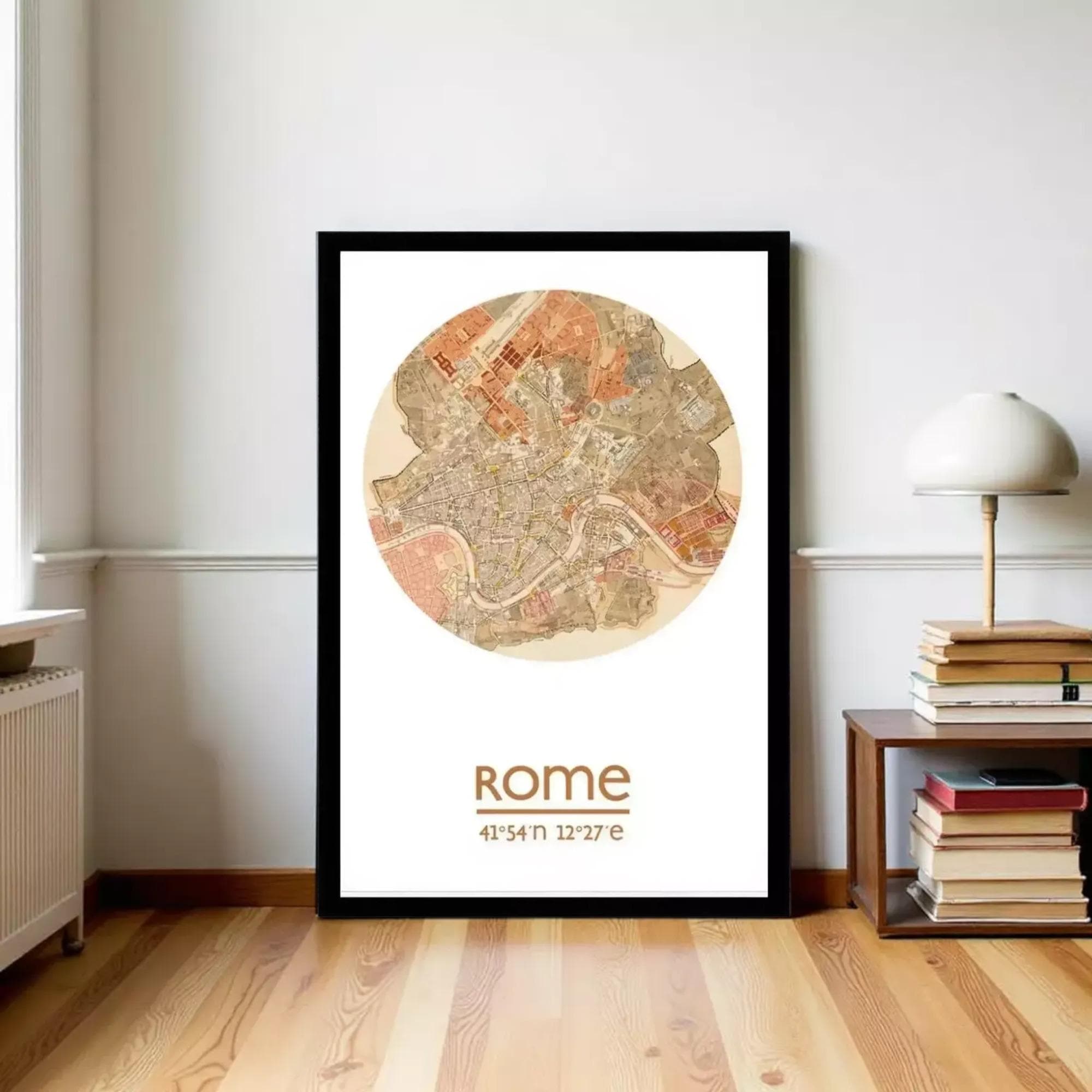 A framed map of Rome, Italy, with the word "Rome" written below it.