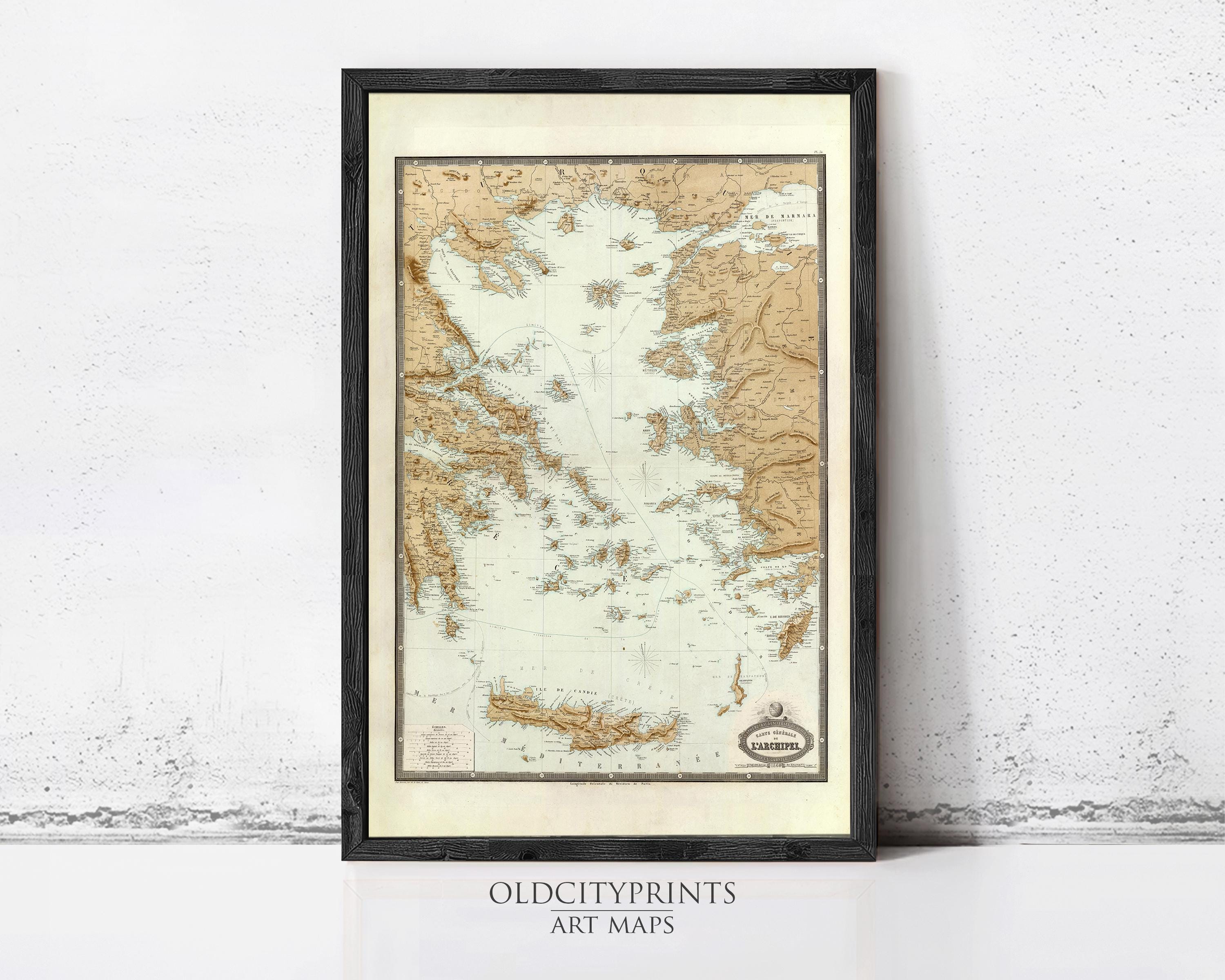 The image is a framed antique map of the Mediterranean region, specifically focusing on the Greek islands.