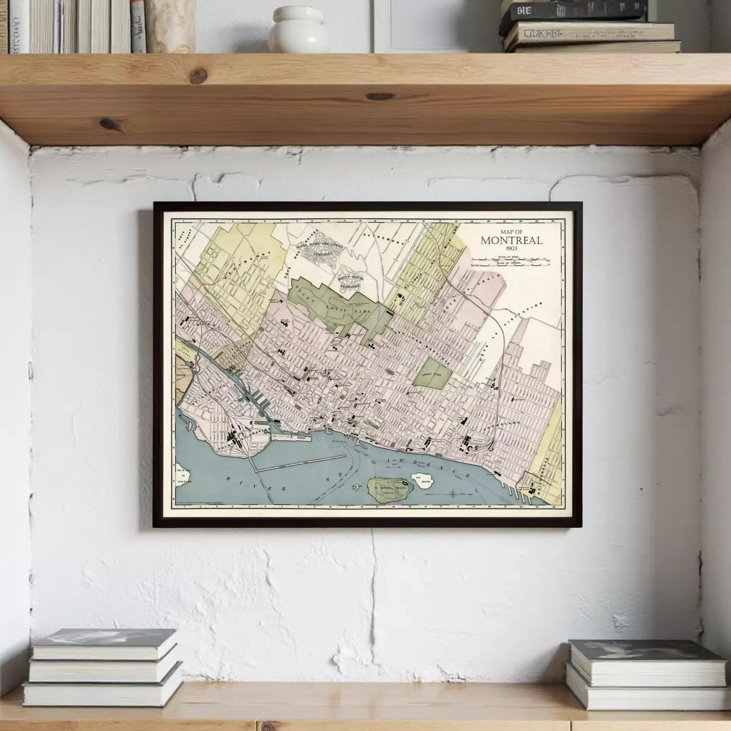 The image is a framed vintage map of Montreal, Canada, depicting the city's streets, neighborhoods, and surrounding areas.
