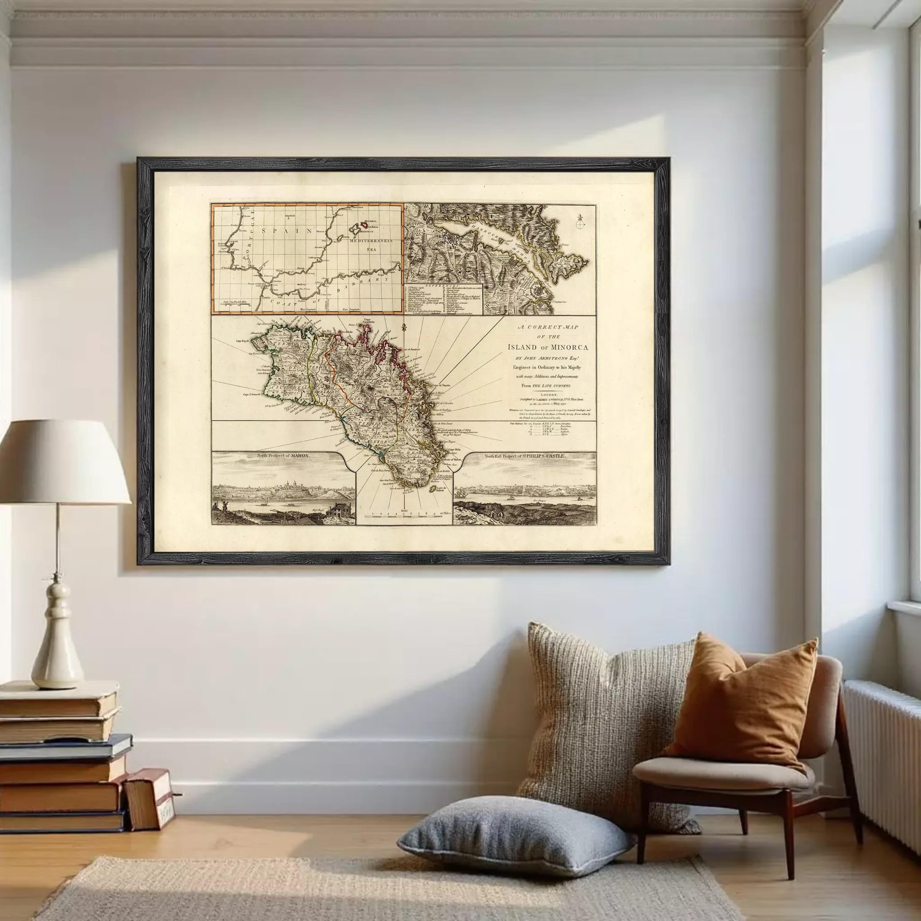 The image is a framed vintage map of the island of Minos, Greece, depicting the island's geographical features and surrounding areas.
