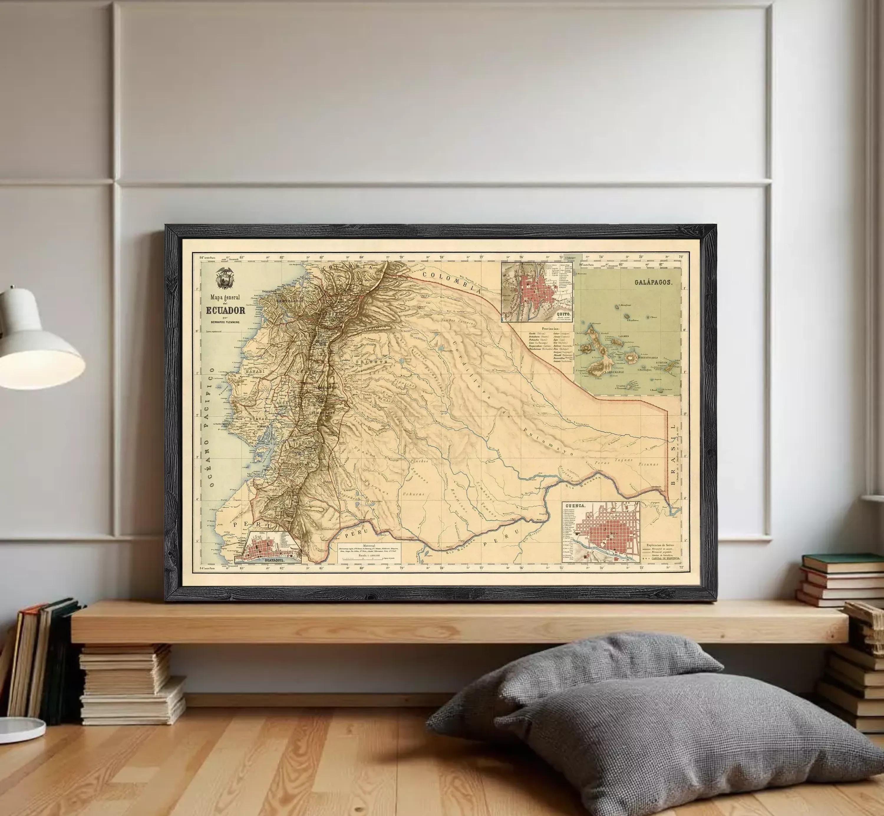 The image is a framed vintage map of South America, specifically the Andes mountain range, with a focus on the countries of Colombia, Venezuela, and Ecuador.