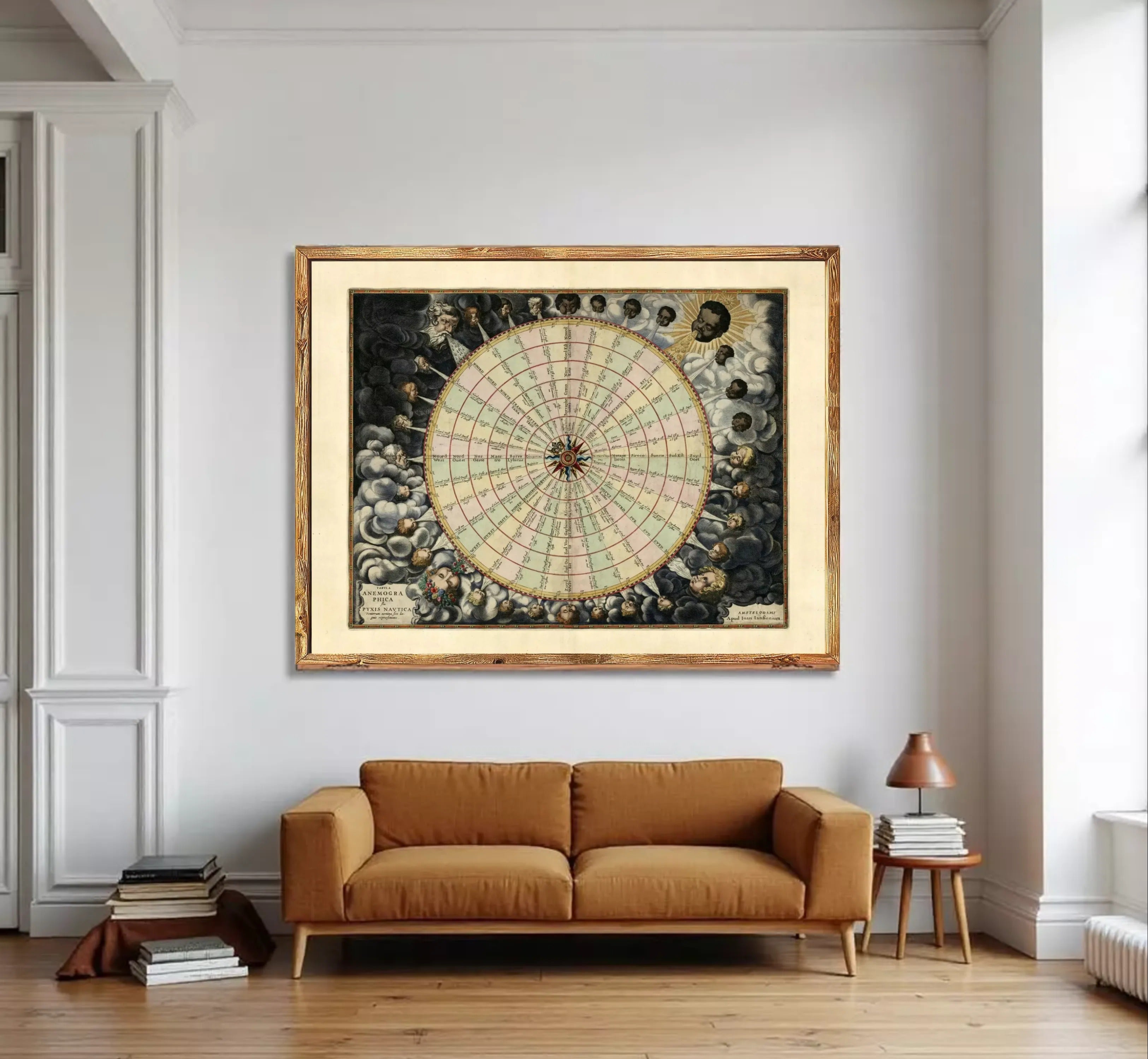 The image is a framed vintage map depicting a wheel with various celestial bodies and symbols surrounding it.