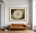 The image is a framed vintage map depicting a wheel with various celestial bodies and symbols surrounding it.