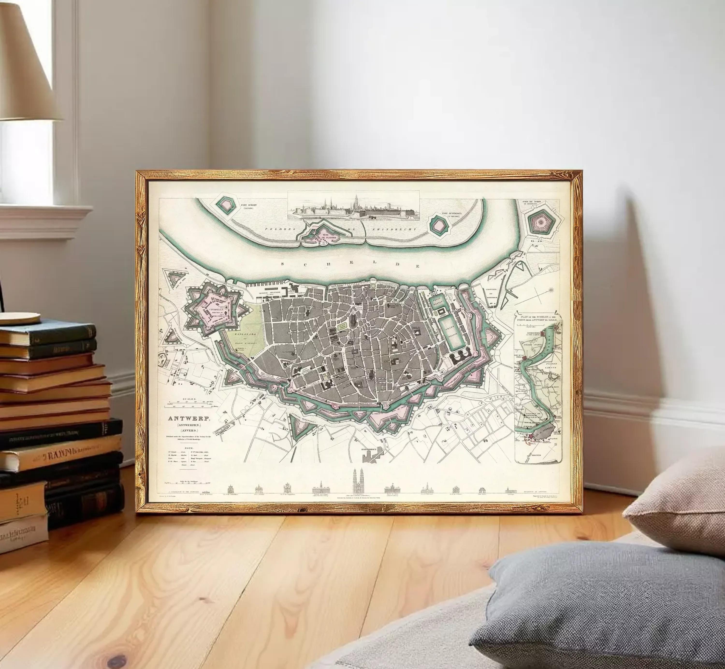 The image is a framed historical map of Antwerp, Belgium, depicting the city's layout and surrounding areas.