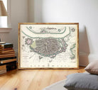 The image is a framed historical map of Antwerp, Belgium, depicting the city's layout and surrounding areas.