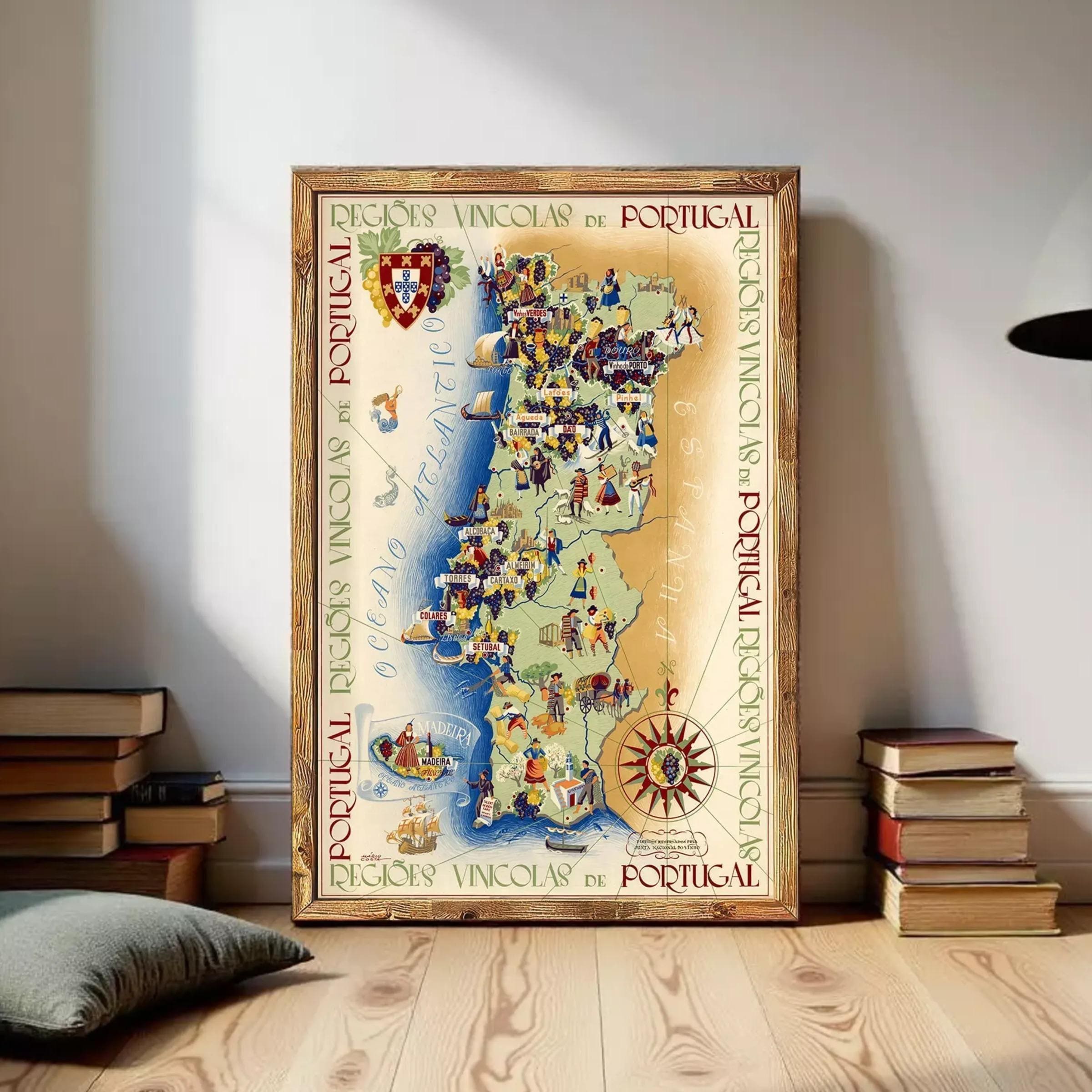 a large framed map of Portugal, with various illustrations and text surrounding it.
