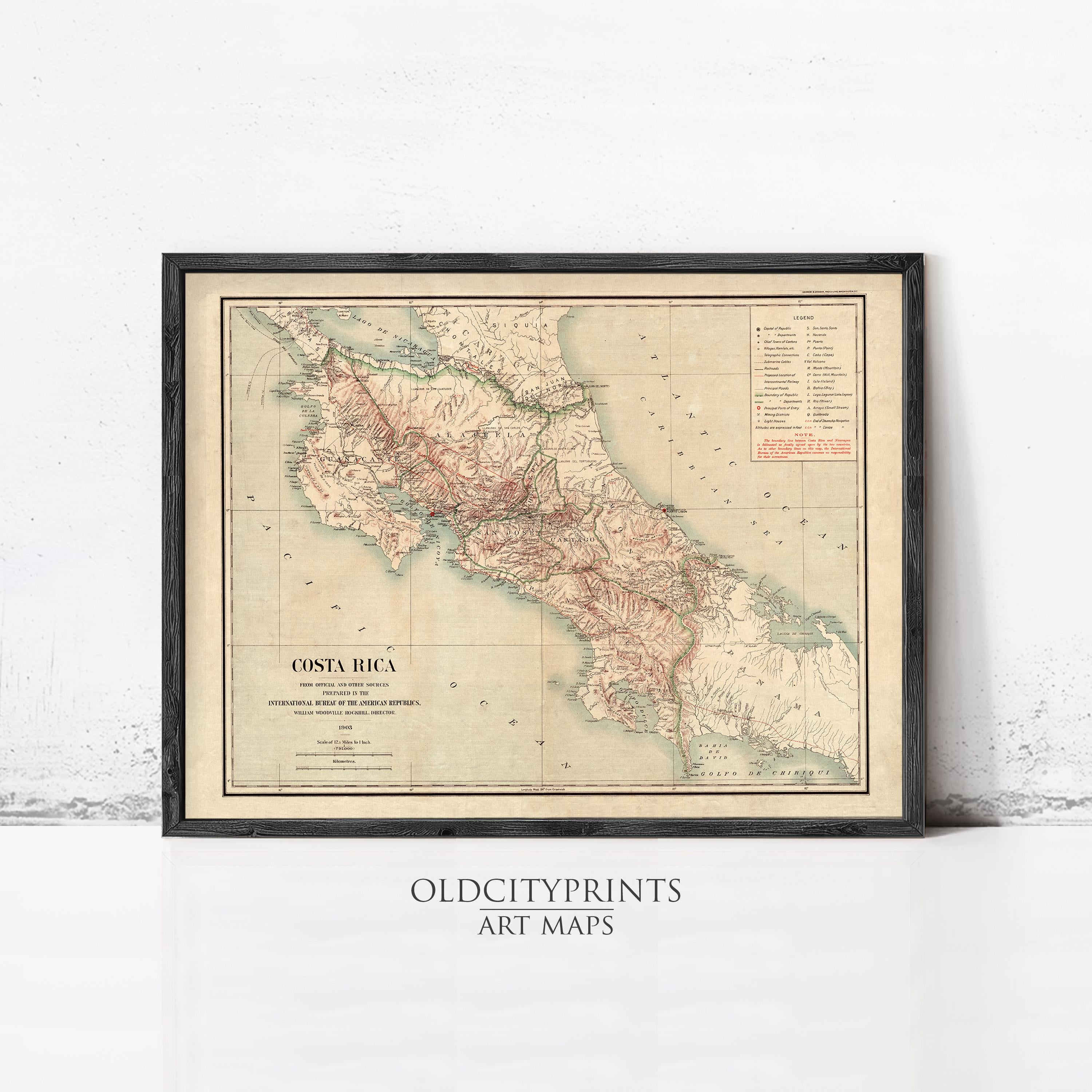 The image is a framed vintage map of Costa Rica, depicting the country's geographical layout and boundaries.