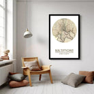 A framed map of Baltimore, with the city's name and location printed on it.
