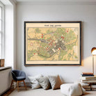 The image is a framed vintage map of a city, depicting various landmarks and streets.