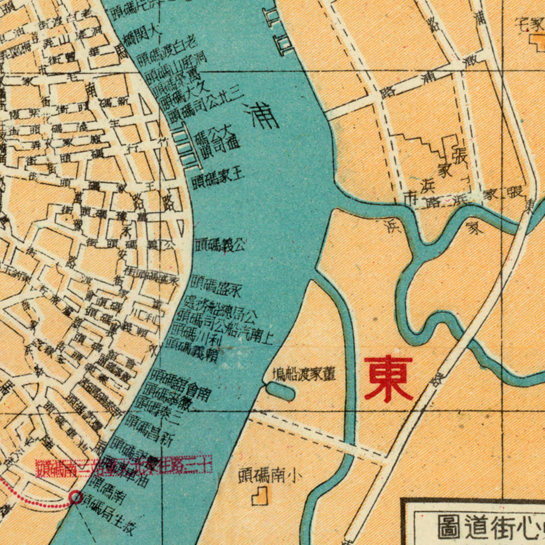 The image is a map of a city, showing streets, buildings, and a river. The map includes various labels and symbols, such as a red Chinese character, indicating the location of a specific place or landmark.