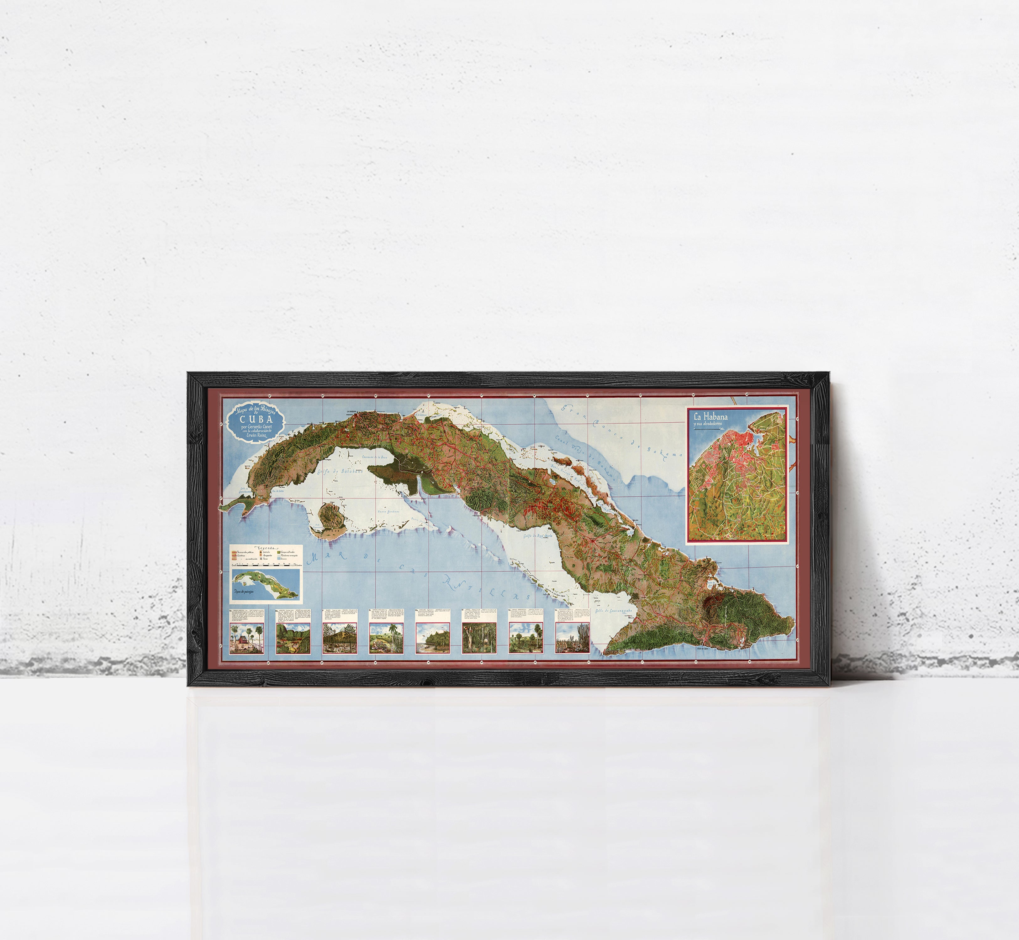 The image is a framed map of the Caribbean region, depicting various islands and coastal areas.