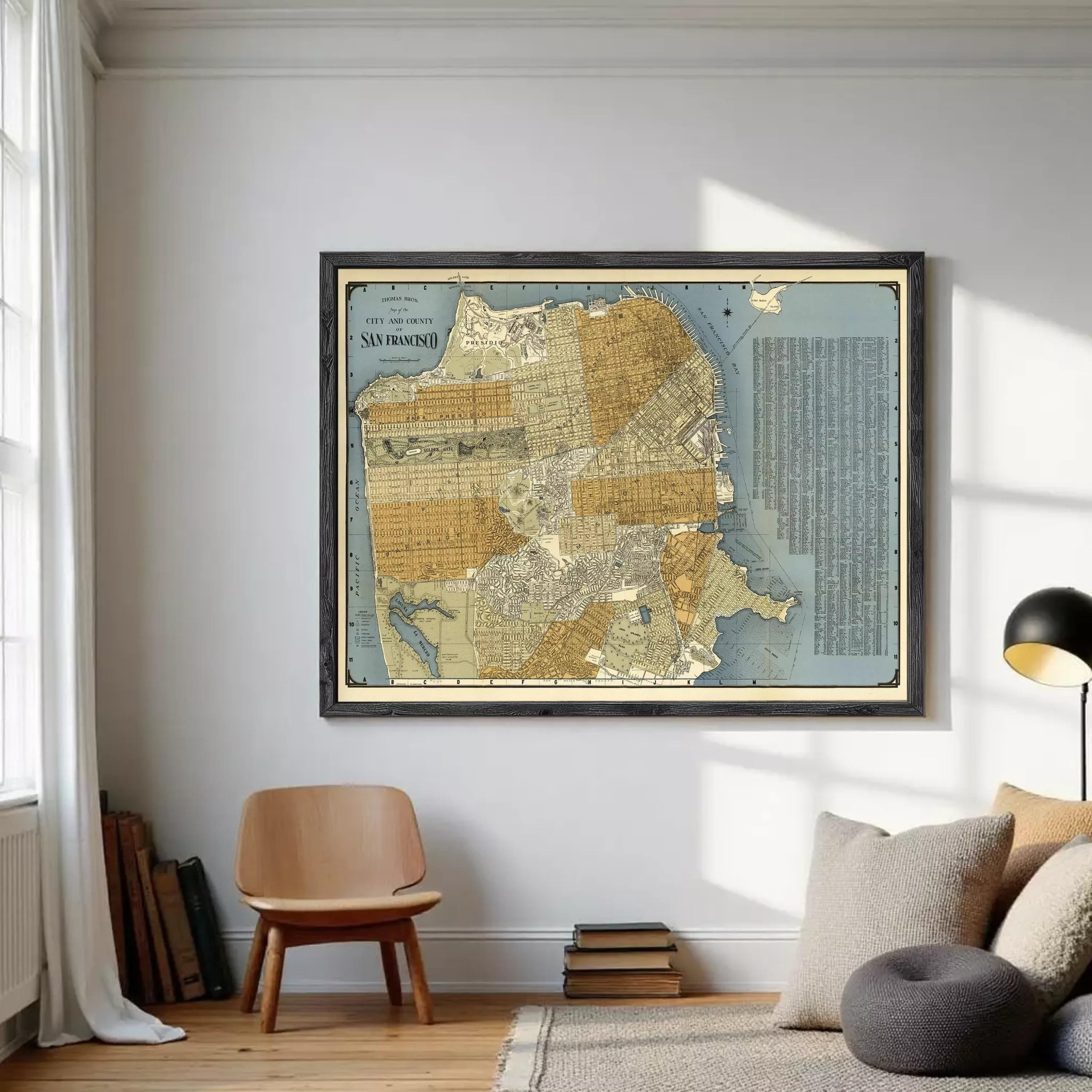The image is a framed vintage map of San Francisco, California, depicting the city's streets and surrounding areas.