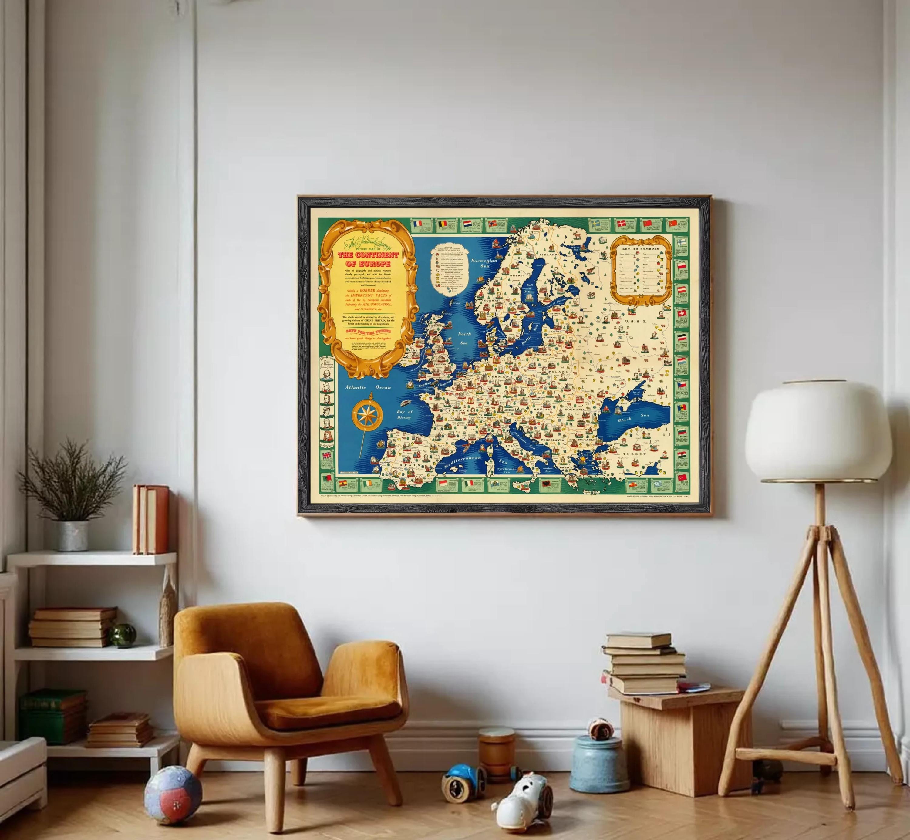 The image is a framed map of Europe, featuring various landmarks and countries across the continent.