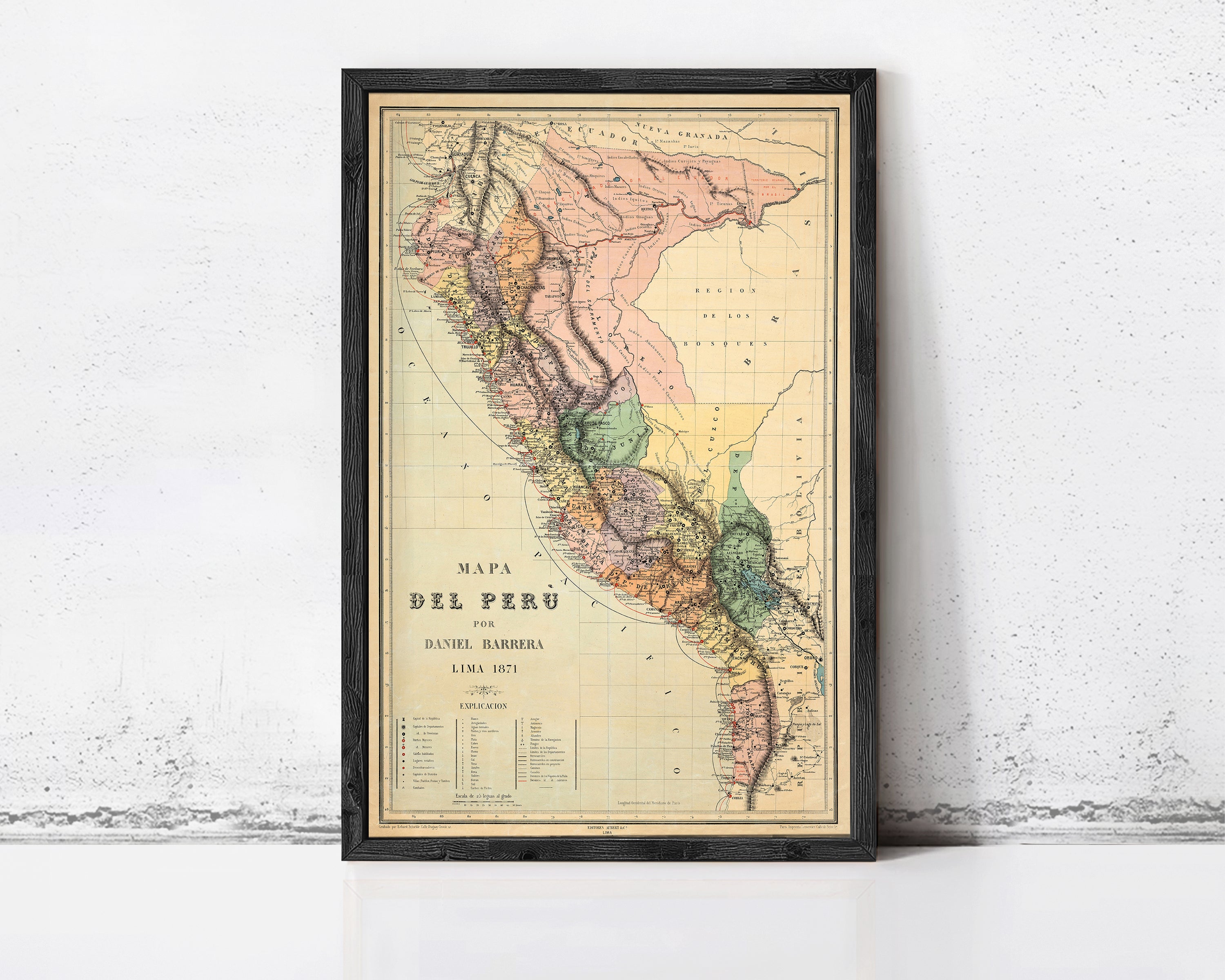 The image is a framed vintage map of South America, specifically the Andes Mountains region, with a focus on Peru.