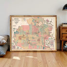 The image is a framed map of San Francisco, California, with various colored sections representing different areas within the city.