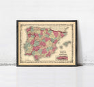 The image is a framed vintage map of Spain, depicting the country's geographical layout and boundaries.