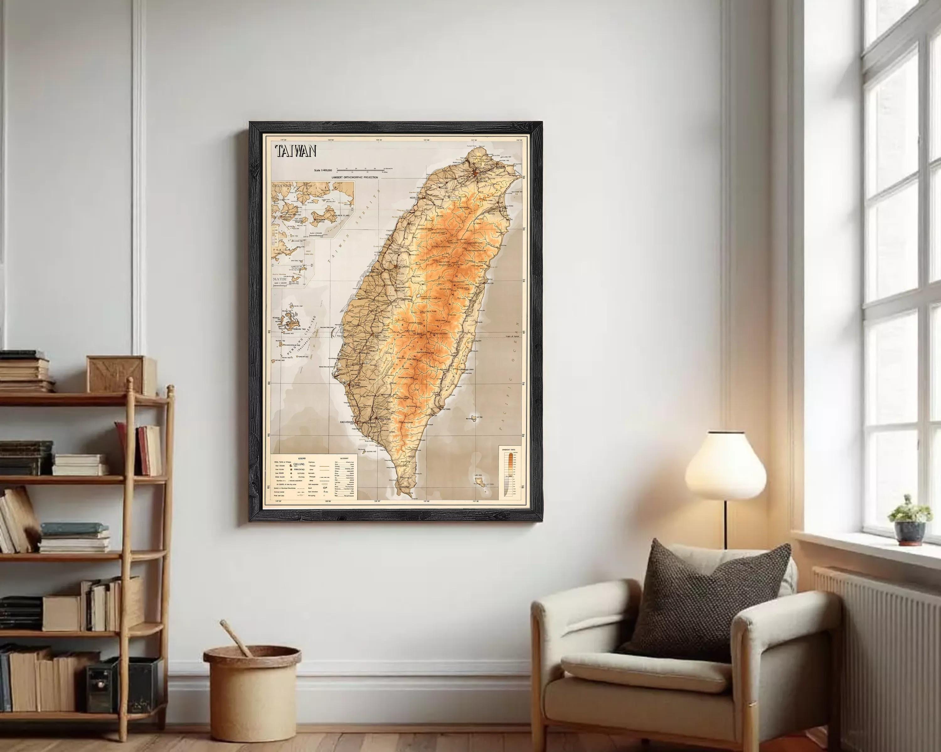 The image is a framed map of Taiwan, depicting the country's geographical layout and surrounding areas.