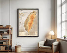 The image is a framed map of Taiwan, depicting the country's geographical layout and surrounding areas.