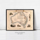 The image is a framed vintage map of Australia, featuring illustrations and text that provide geographical and historical context.