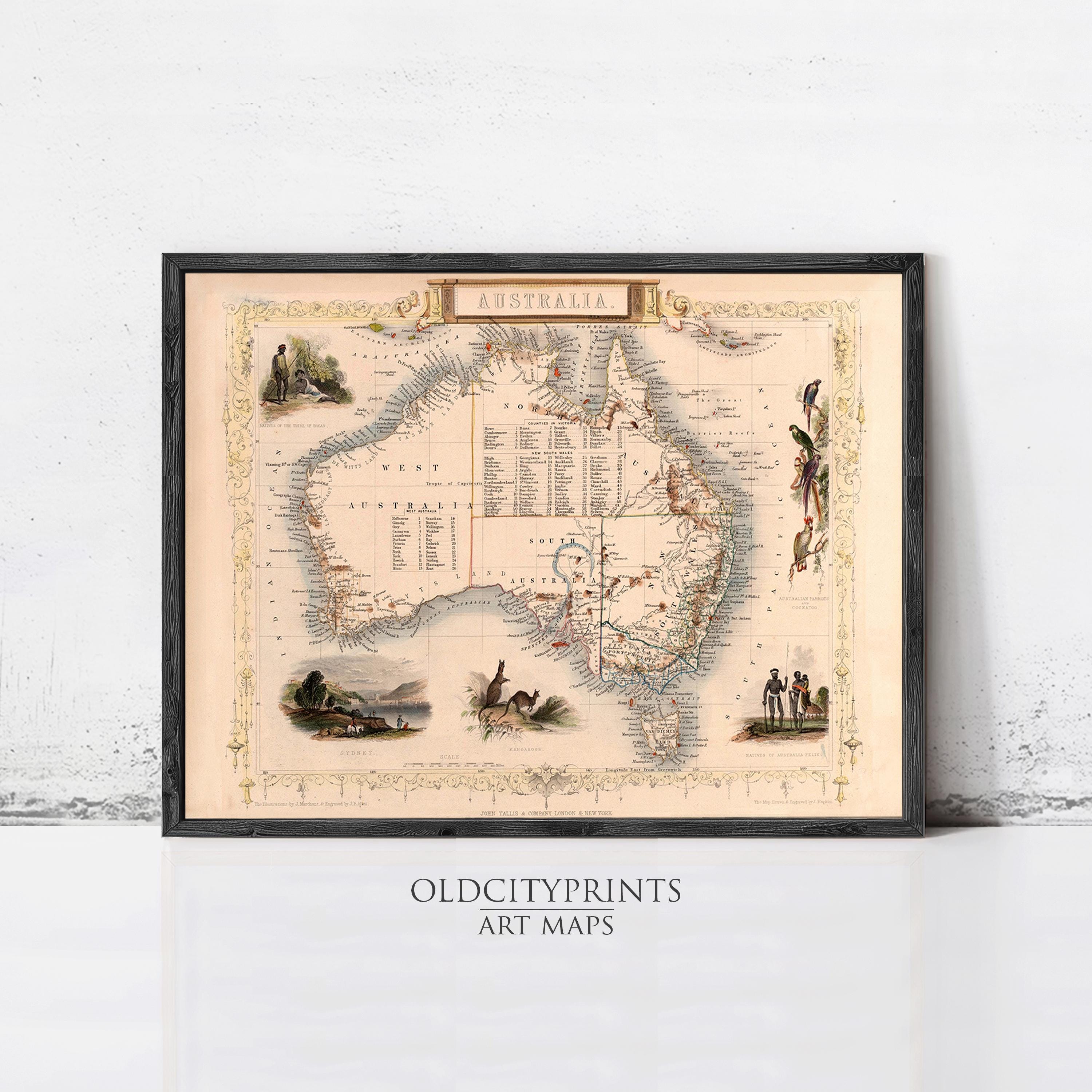 The image is a framed vintage map of Australia, featuring illustrations and text that provide geographical and historical context.