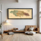 The image is a framed vintage map of Jamaica, depicting the country in a detailed and colorful manner.