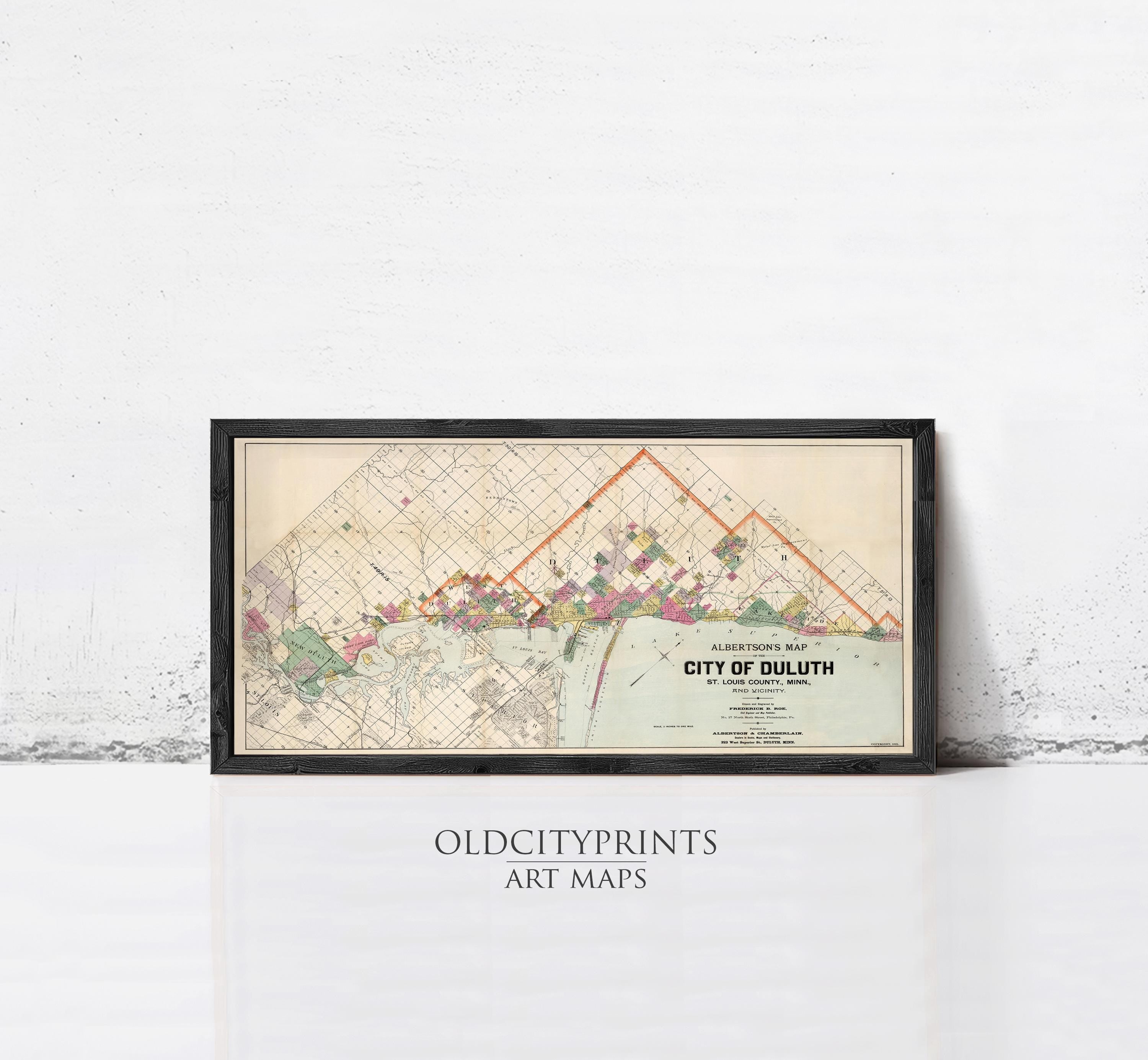 The image is a framed art print depicting a map of the City of Duluth, Minnesota.