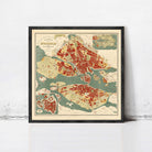 The image is a framed map of Stockholm, Sweden, depicting the city's streets, landmarks, and surrounding areas.