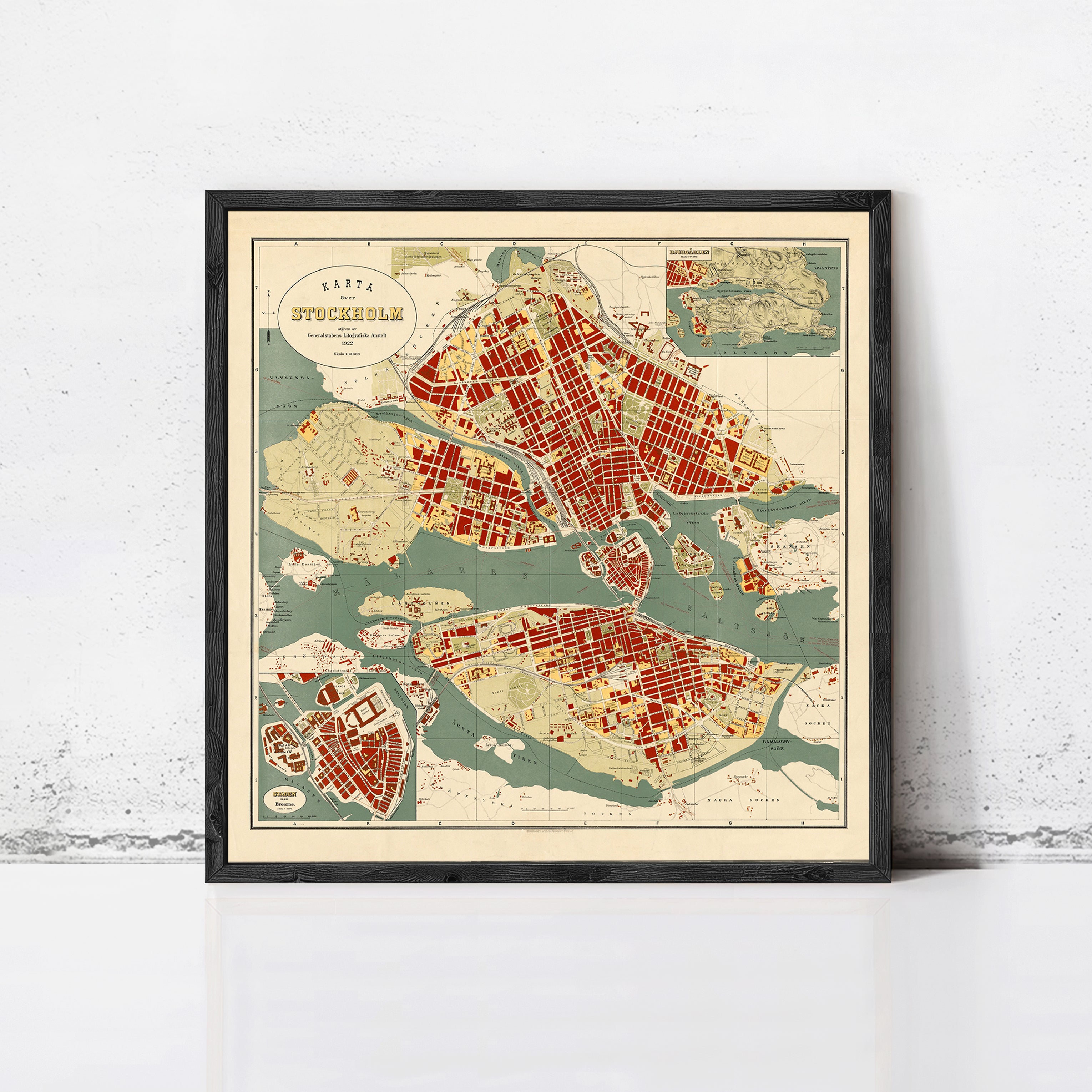The image is a framed map of Stockholm, Sweden, depicting the city's streets, landmarks, and surrounding areas.
