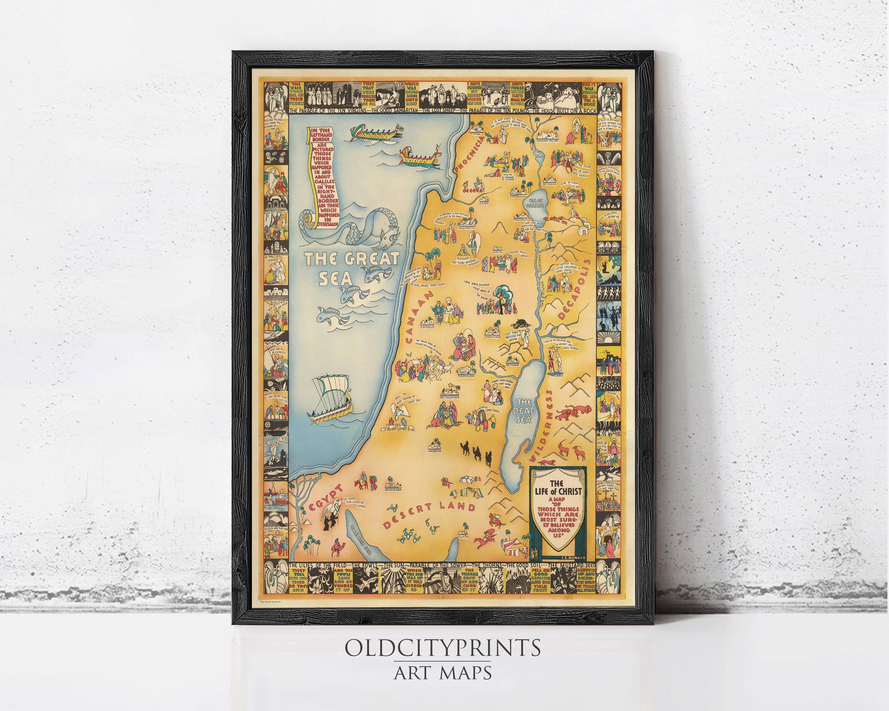 The image is a framed art map depicting various landmarks and locations, including the Great Sea, the Dead Sea, and the desert land.