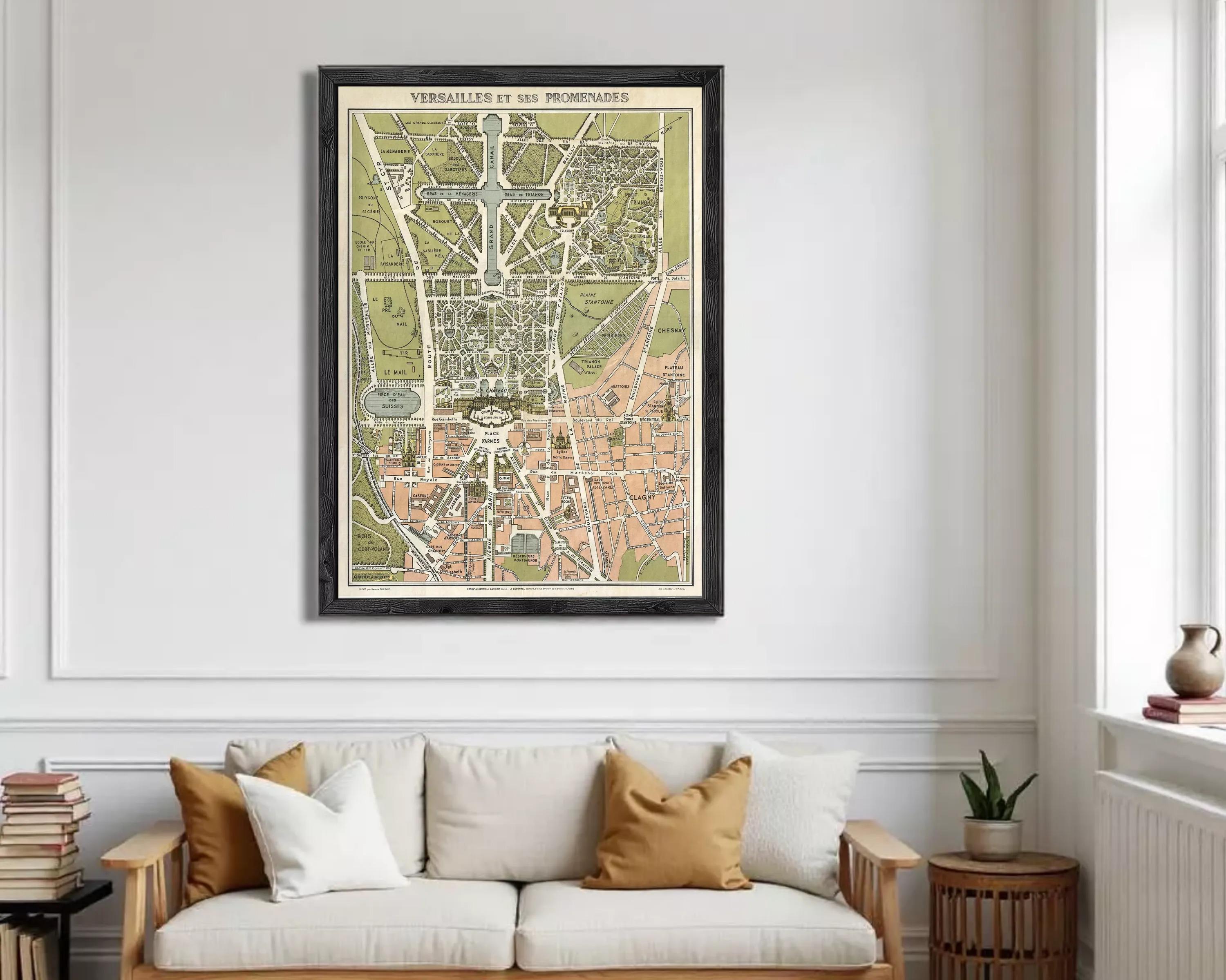 a framed map of Jerusalem hanging on a wall in a living room.