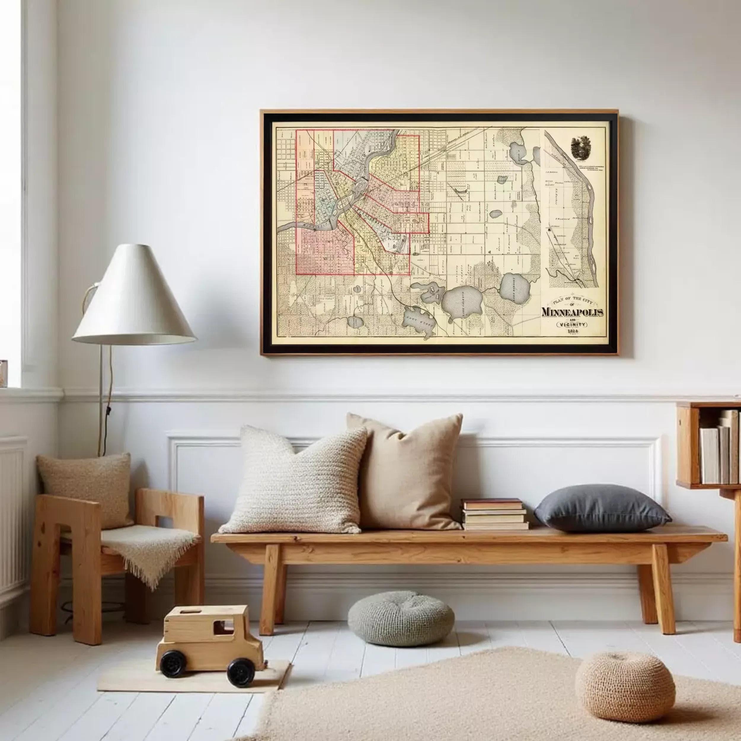 a living room with a large framed map hanging on the wall, a wooden bench with pillows, a small wooden toy car, and a lamp.
