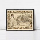 The image is a framed vintage map of the world, featuring intricate illustrations and detailed cartography.
