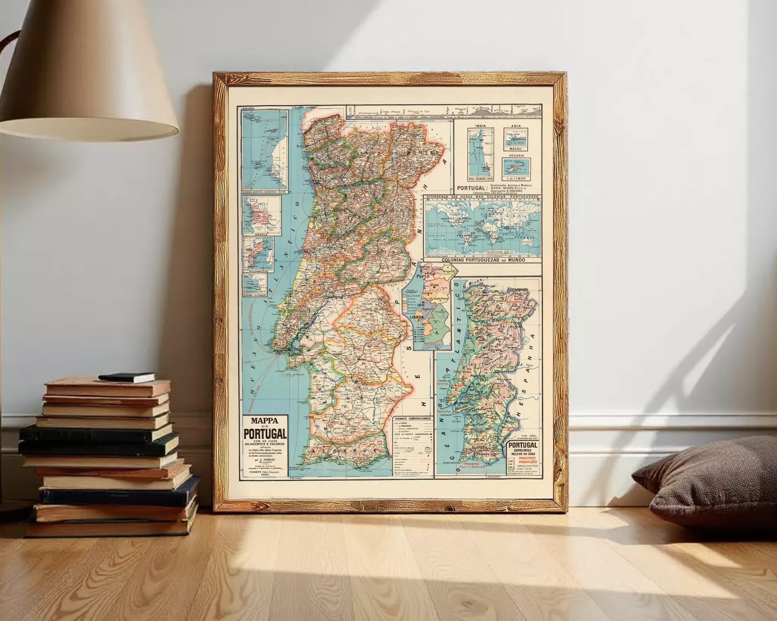 The image is a framed vintage map of Portugal, showing the country's geographical layout and surrounding areas.
