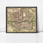The image is a framed vintage map of a city, likely from the 16th century, depicting a detailed layout of the city with streets, buildings, and other landmarks.
