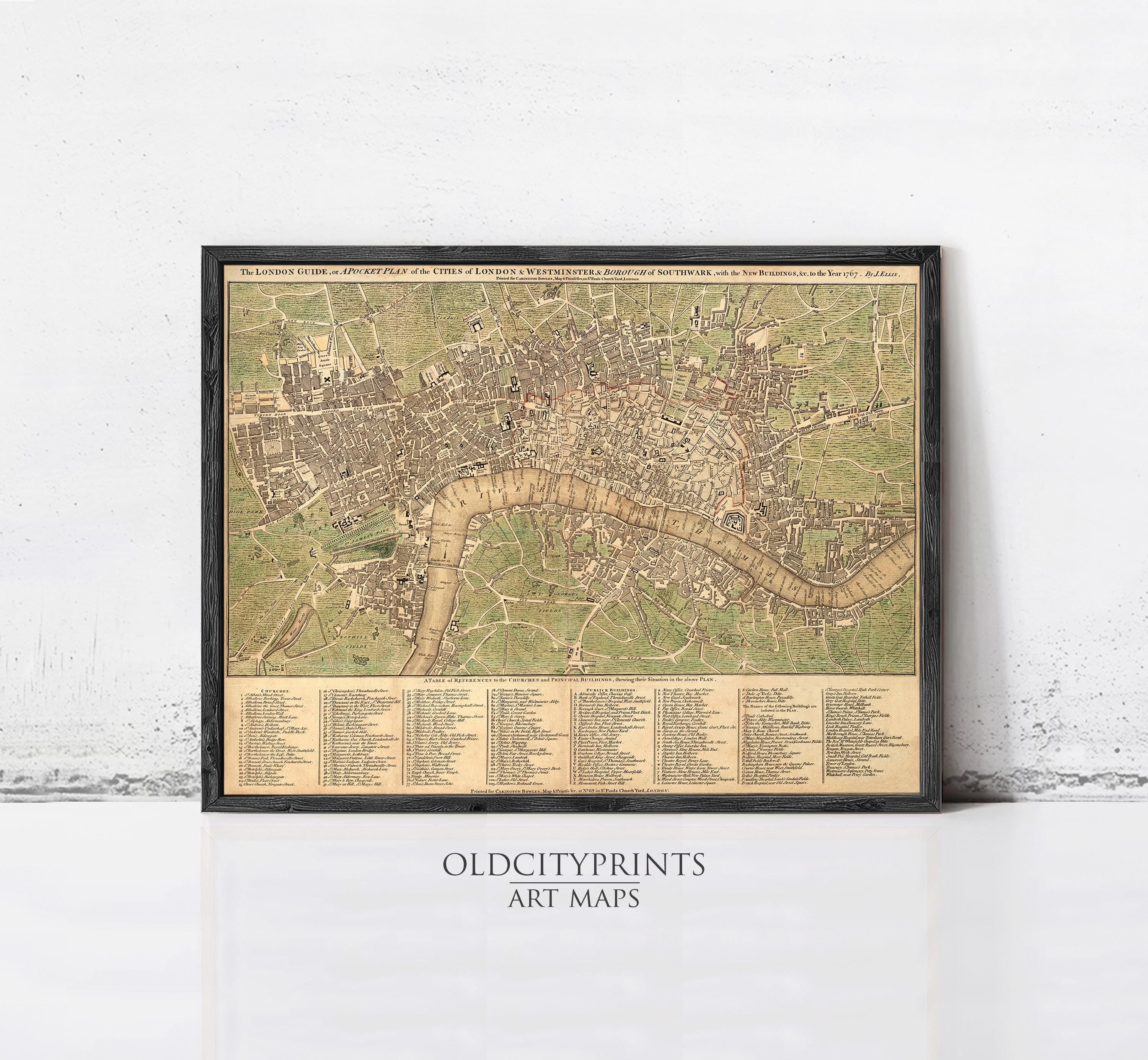 The image is a framed vintage map of London, England, with a focus on the city's layout and surrounding areas.