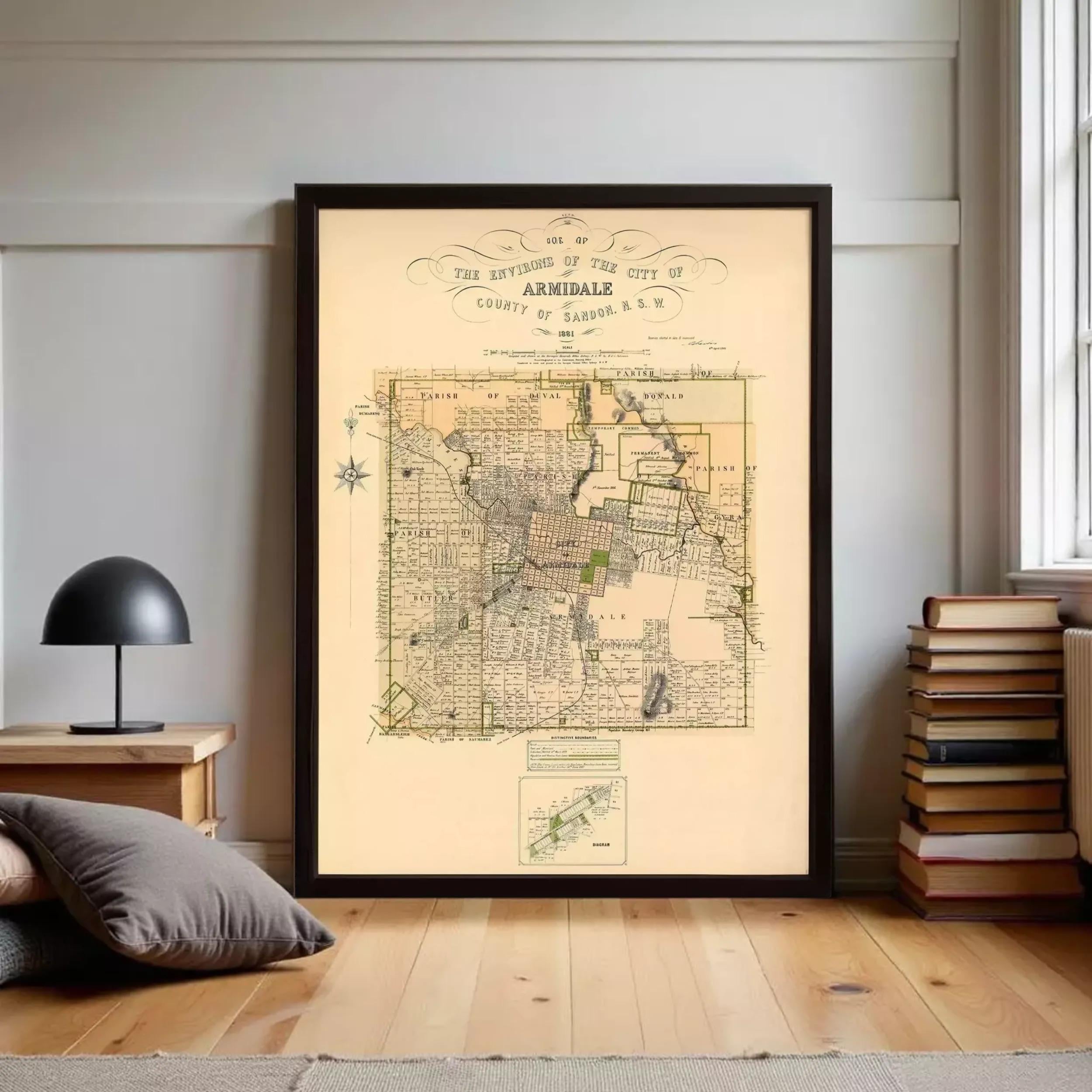 The image is a framed map of the city of Armdale, showing the layout of the city and surrounding areas.