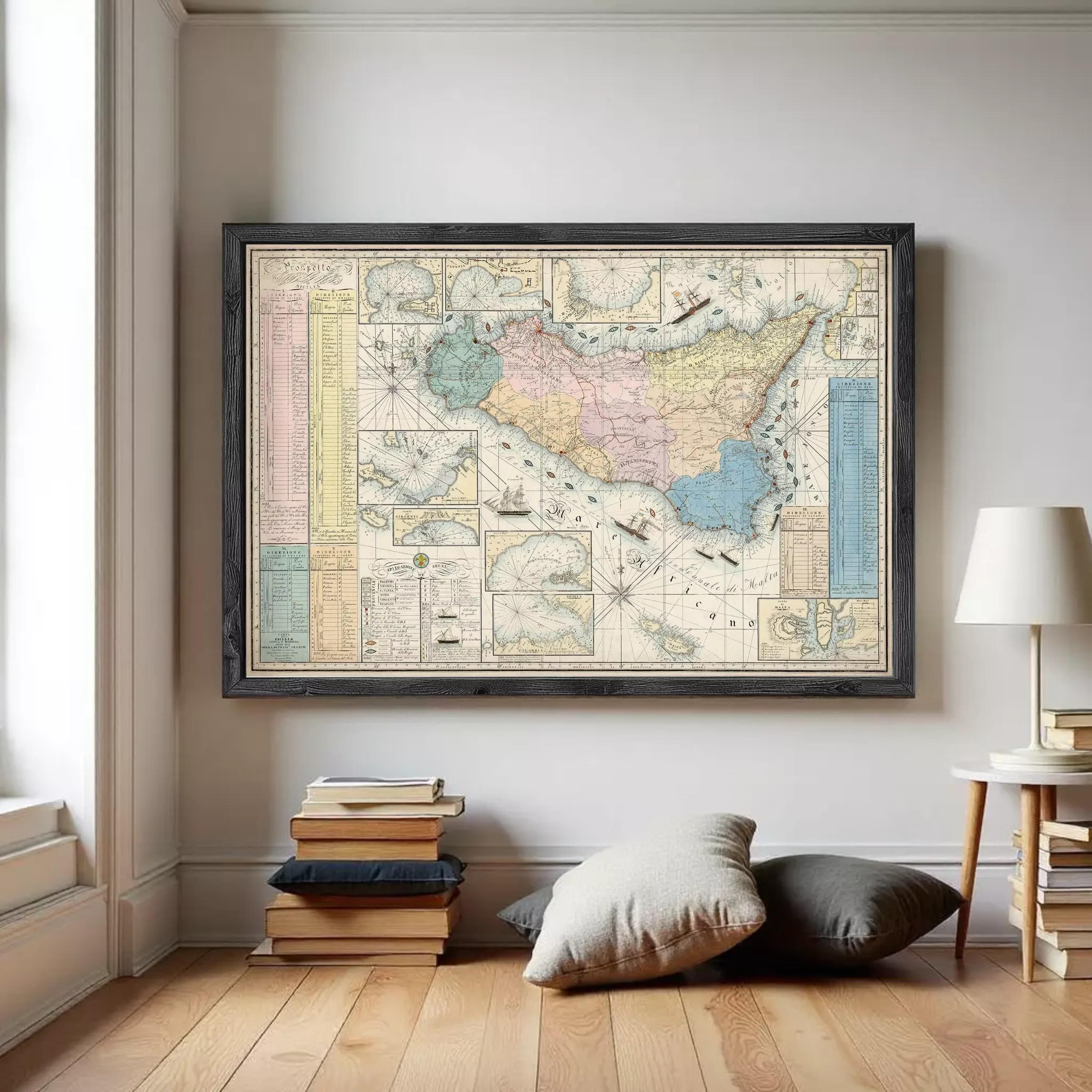 The image is a framed vintage map of the Mediterranean region, depicting various countries and geographical features.