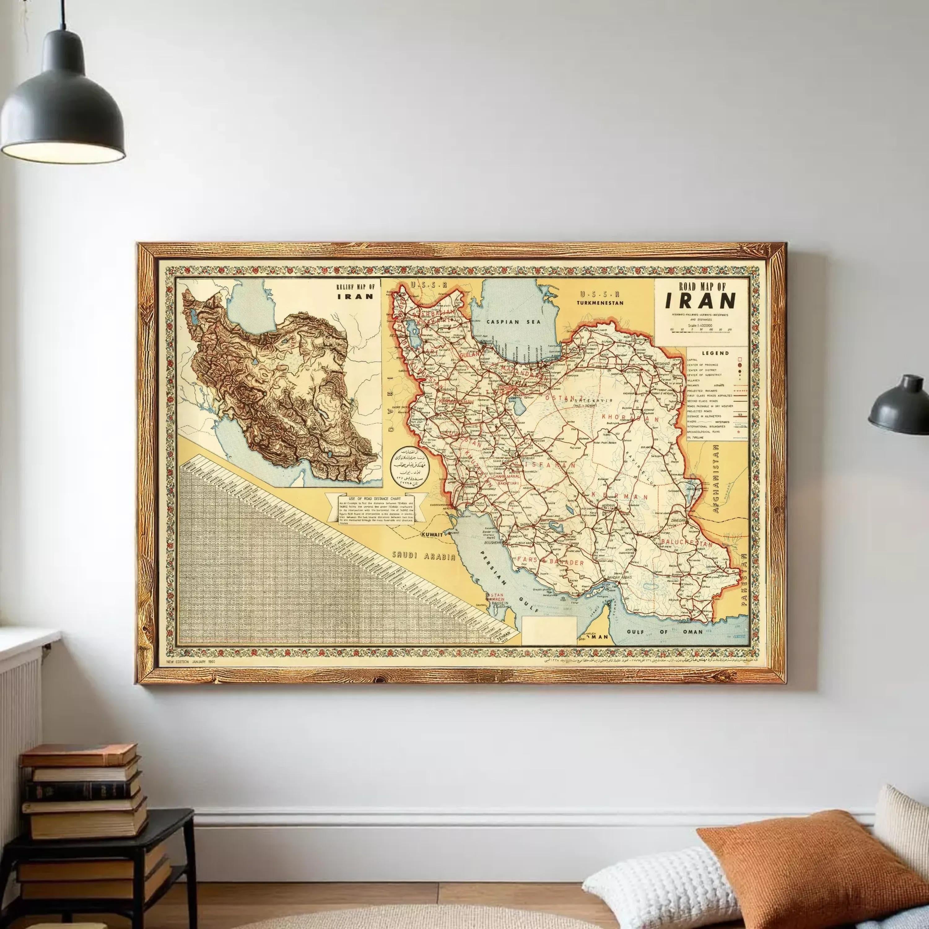 The image is a framed vintage map of Iran, showing the country's geographical layout and surrounding areas.