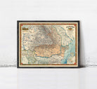 The image is a framed map of Romania, depicting the country's geographical layout and various regions.