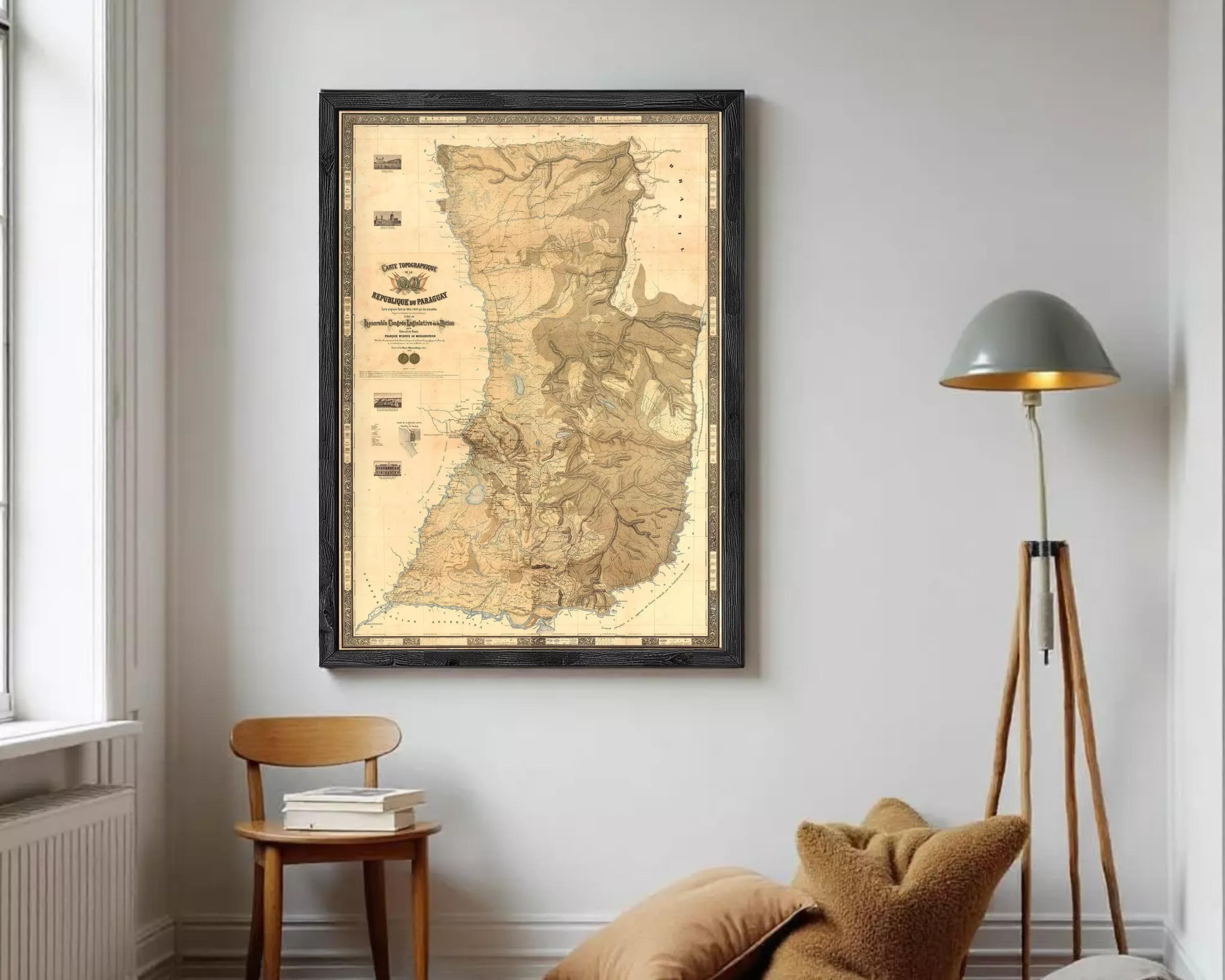 The image is a framed map of a region, possibly a country or state, with detailed geographical information and labels.