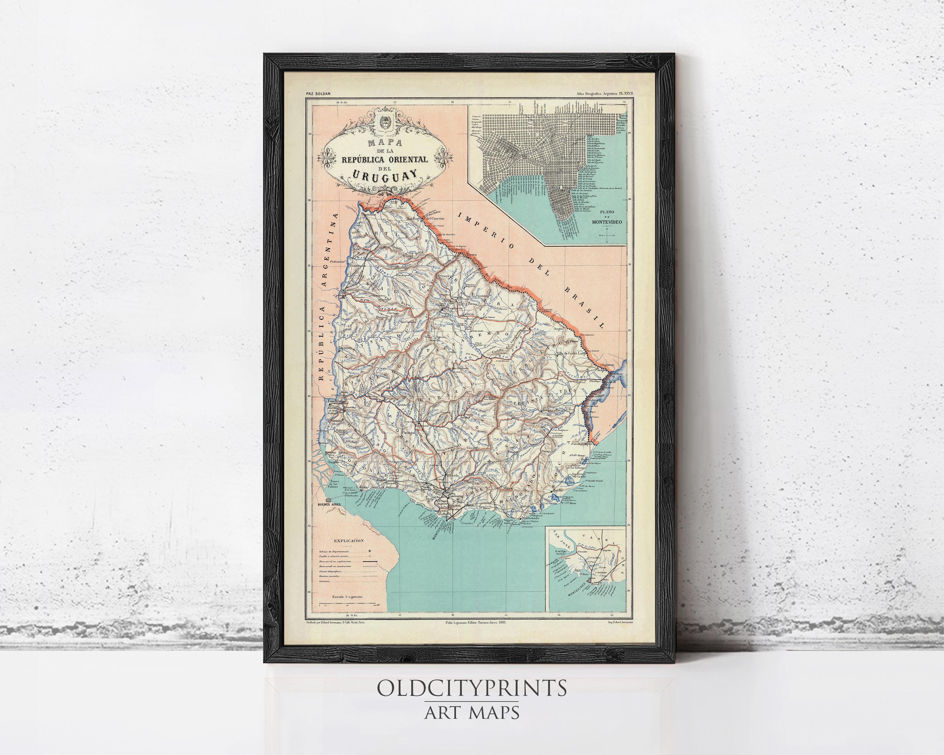 The image is a framed vintage map of Oregon, United States, depicting the state's geographical layout and surrounding areas.