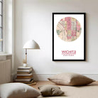 A framed map of Wichita, Kansas, with the city's name and location printed on it.