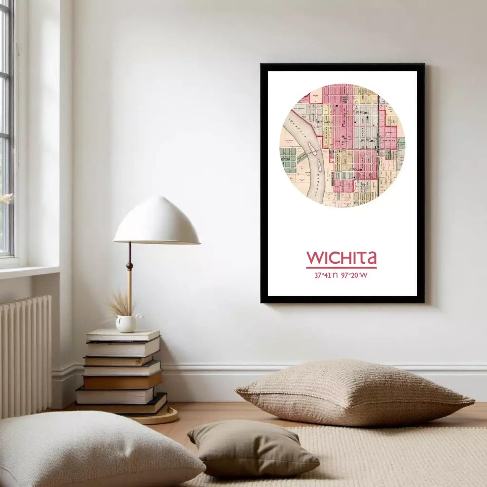 A framed map of Wichita, Kansas, with the city's name and location printed on it.