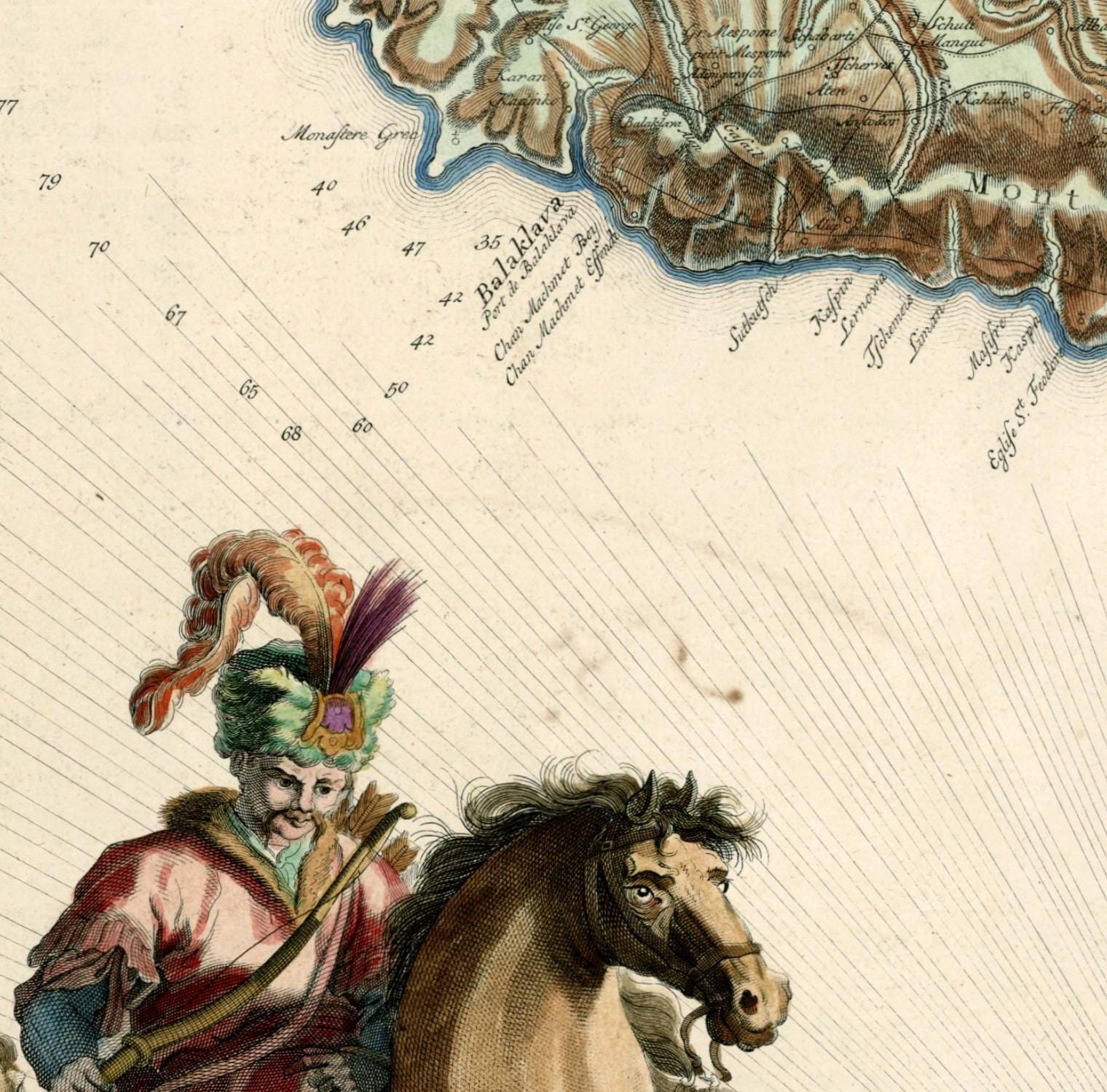 The image is a vintage map with a man riding a horse in the foreground, and a detailed map of a region in the background.