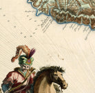 The image is a vintage map with a man riding a horse in the foreground, and a detailed map of a region in the background.