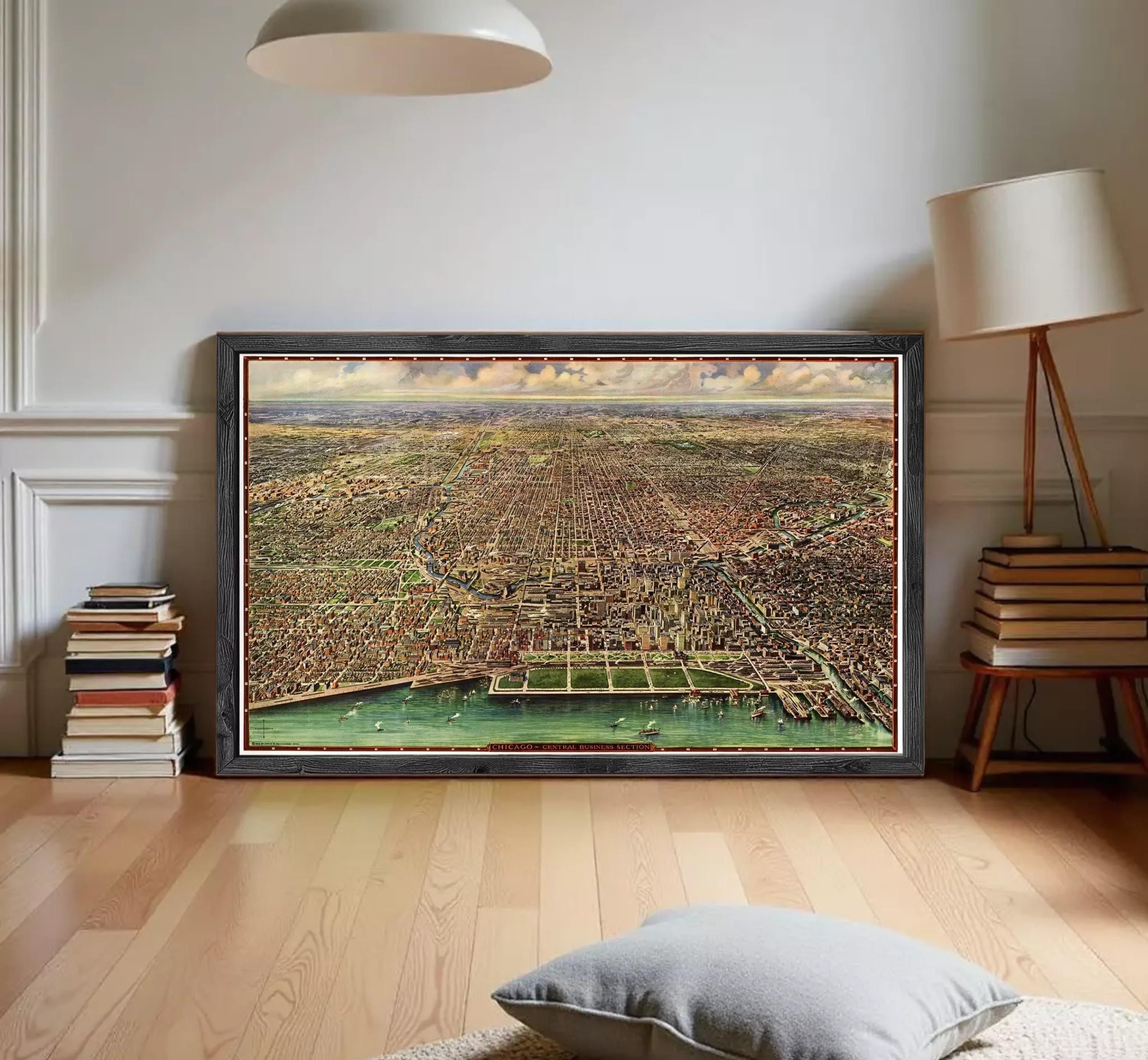 The image is a framed painting depicting a cityscape with a river running through it.