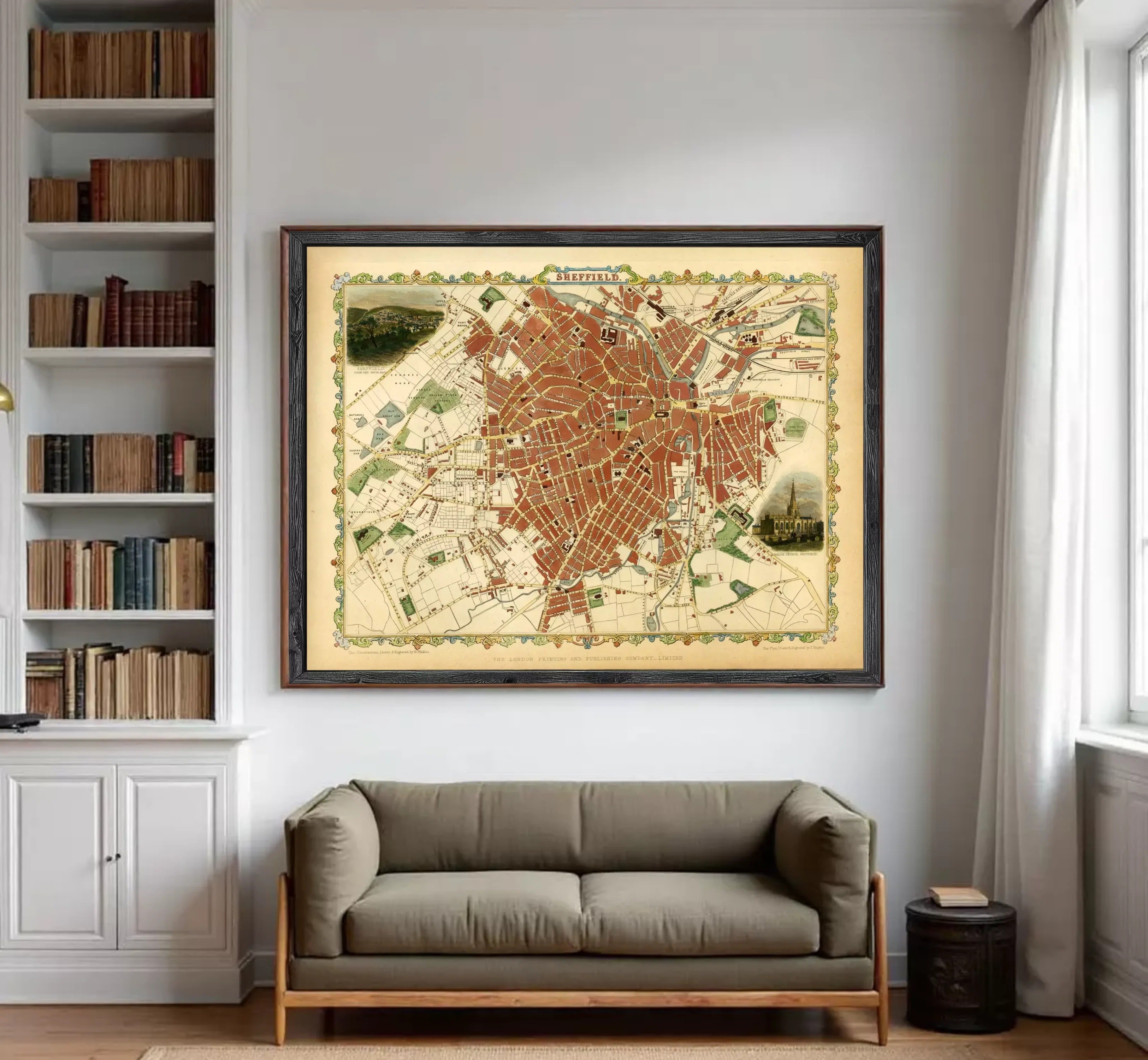 The image is a framed vintage map of a city, likely Paris, with a detailed and colorful depiction of the city's streets and landmarks.