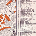 The image is a detailed map of a city, showing various streets, landmarks, and points of interest. It includes a list of locations and their corresponding descriptions, such as "Dreikonig-templom", "Adolf John Weg", and "Hottingen-templom". The map also includes a section with a woman in a bathing suit, suggesting a beach or swimming area. The image is not too cluttered, and the descriptions are clear and concise, providing a comprehensive overview of the city's layout and features.