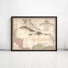 The image is a framed vintage map of the Caribbean Sea, depicting the West Indies and Barbary Islands.